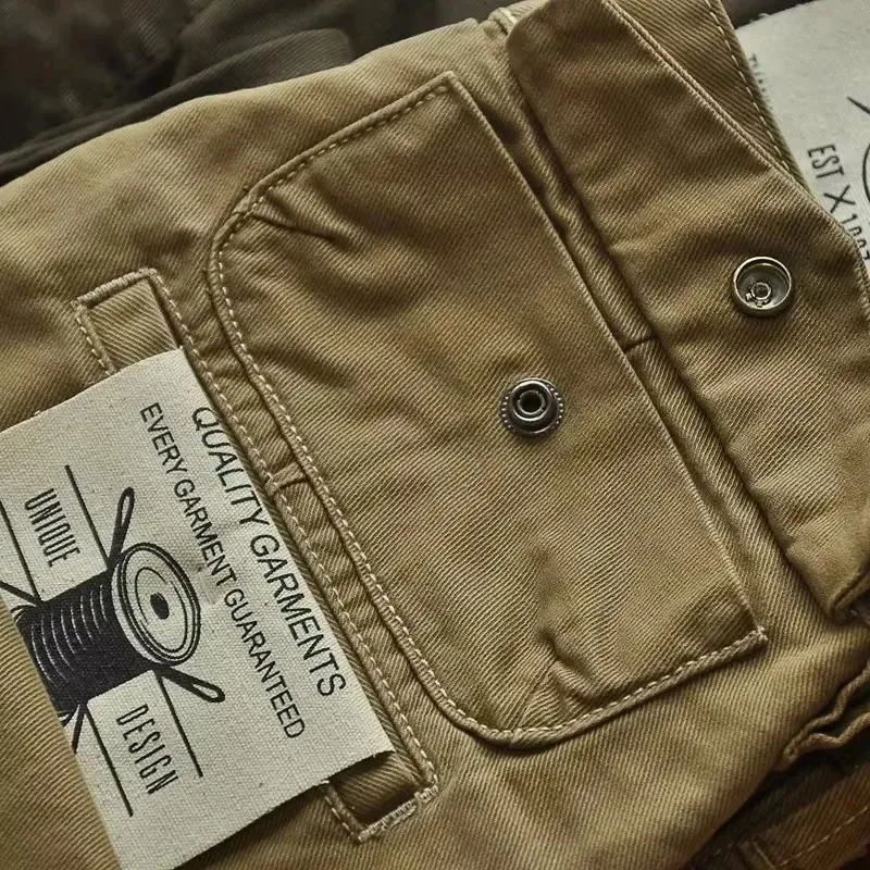 Pantalones de trabajo pesados retro para hombre 2024 Primavera americana Casual Moda simple Pantalones sueltos de pierna recta Monos de bolsillo para hombre 240112