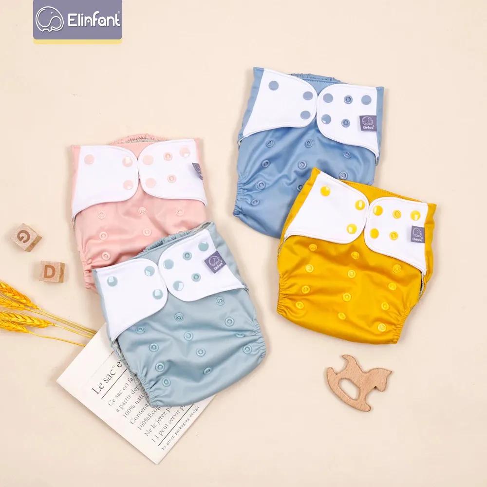 Elinfant Solid Color 4PCS One Size Washable Baby Cloth Diaper Waterproof Adjustable Pocket Nappy 240111