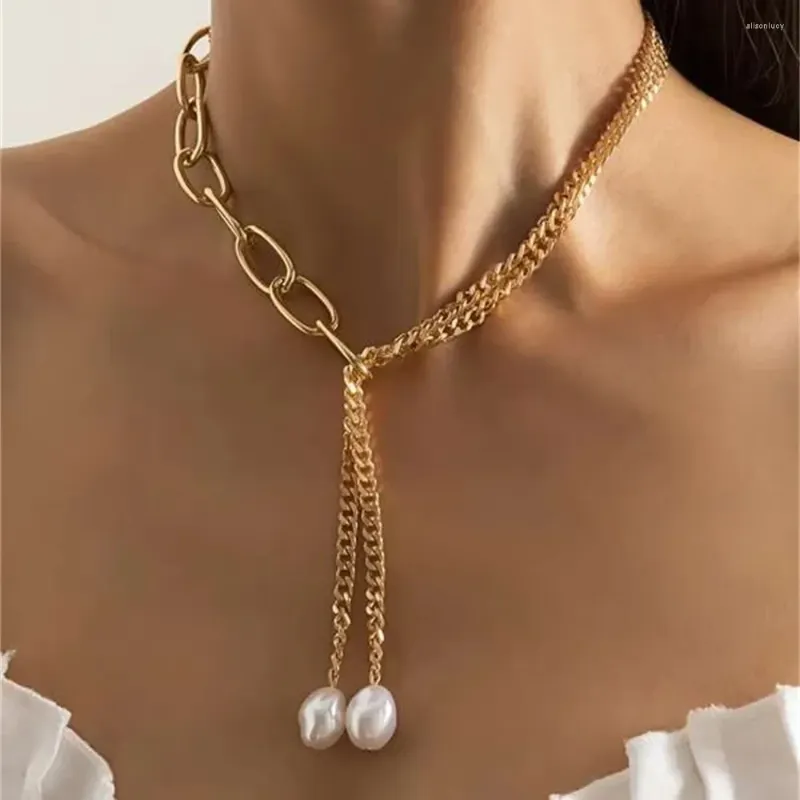 Pendentif Colliers Mode Hip Hop Long Imité Perle Gland Collier Pour Femmes Boho Vintage Géométrique Creux Chaîne En Métal Bijoux Cadeau