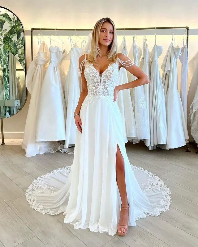 navy blue dress for baby girl Leely Women White Boho Sweep Train Western Wedding Dress A Line Corset Long Sleeves Backless Cowgirl Wedding Dress with Appliques main image 1