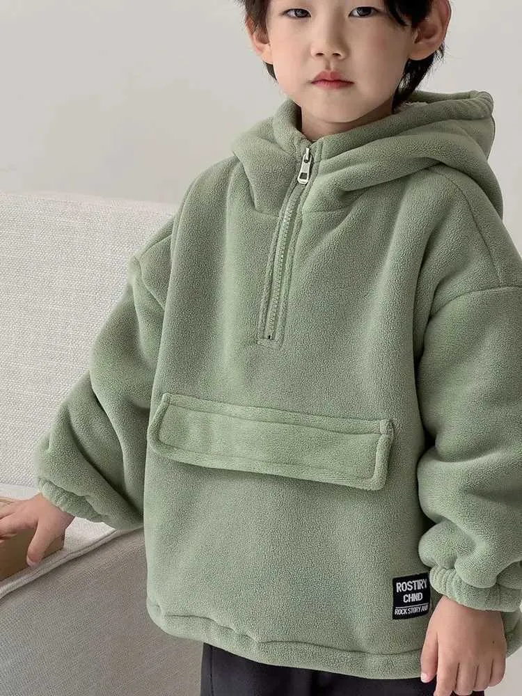 Pullover vinter varma baby flickor pojkar vanligt polar fleece halv zip hooded svettjacka barn hoodie kappa barn outfit pullover topps 2-10 årsl2401