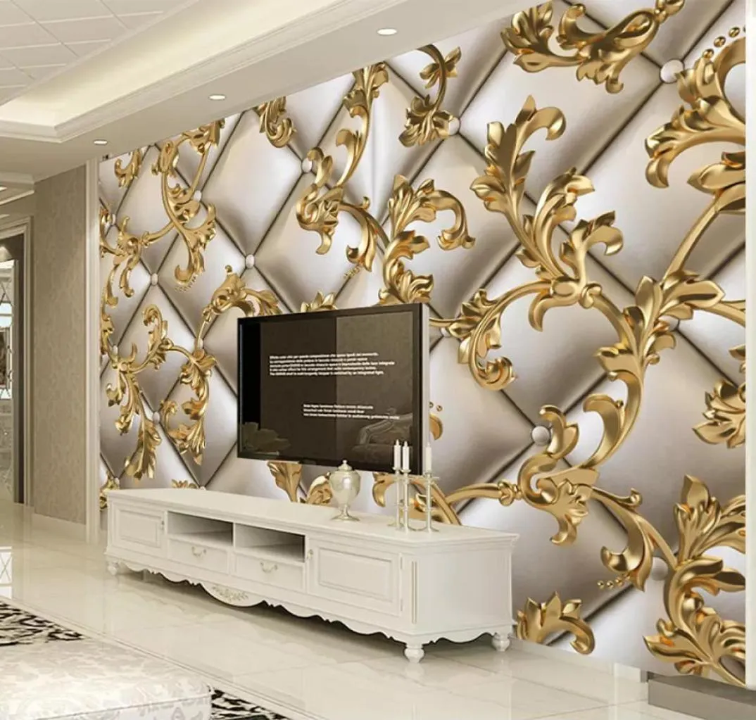 カスタム壁画の壁紙3Dソフトパッケージゴールデンパターンヨーロッパスタイルリビングルームテレビ背景壁紙ホーム装飾フラワー7950684