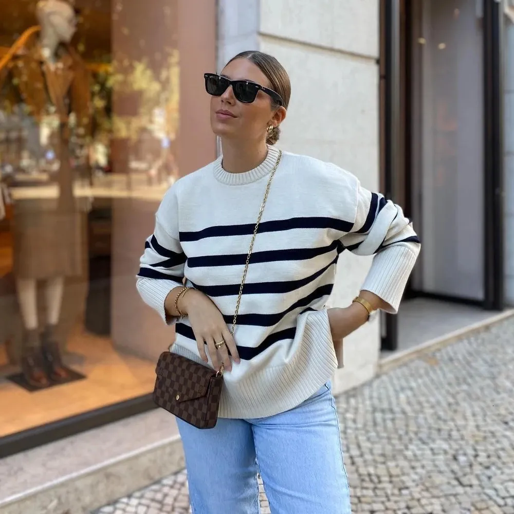 Oversized Striped Knitted Pullover: Cozy Casual Autumn Winter Jumper for  Women