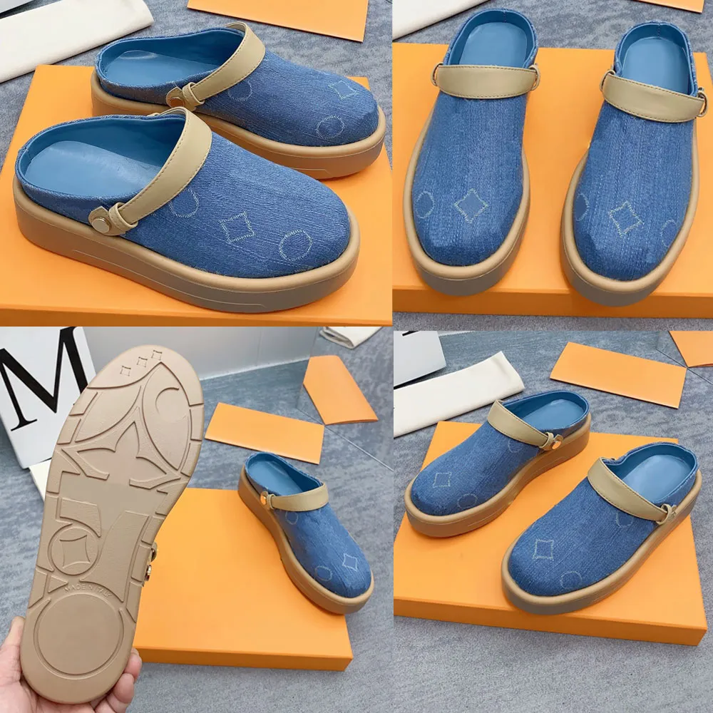 Aspen Platform Clog 1ACMRC Blauwe denim Betreden rubberen buitenzool mannen dames klomp designer sandalen schapenvacht voering paar slippers Letter sandalen Groot formaat 35 46