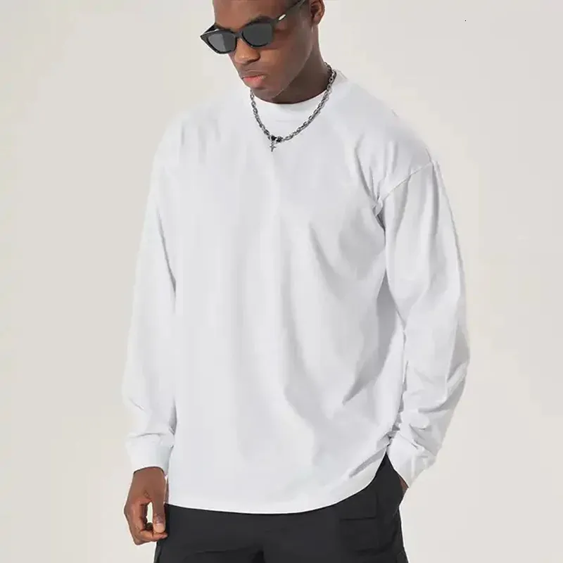 300gsm pesado outono manga comprida t camisa para homem 100% algodão simples camisa o-pescoço branco topos roupas masculinas de grandes dimensões 240111