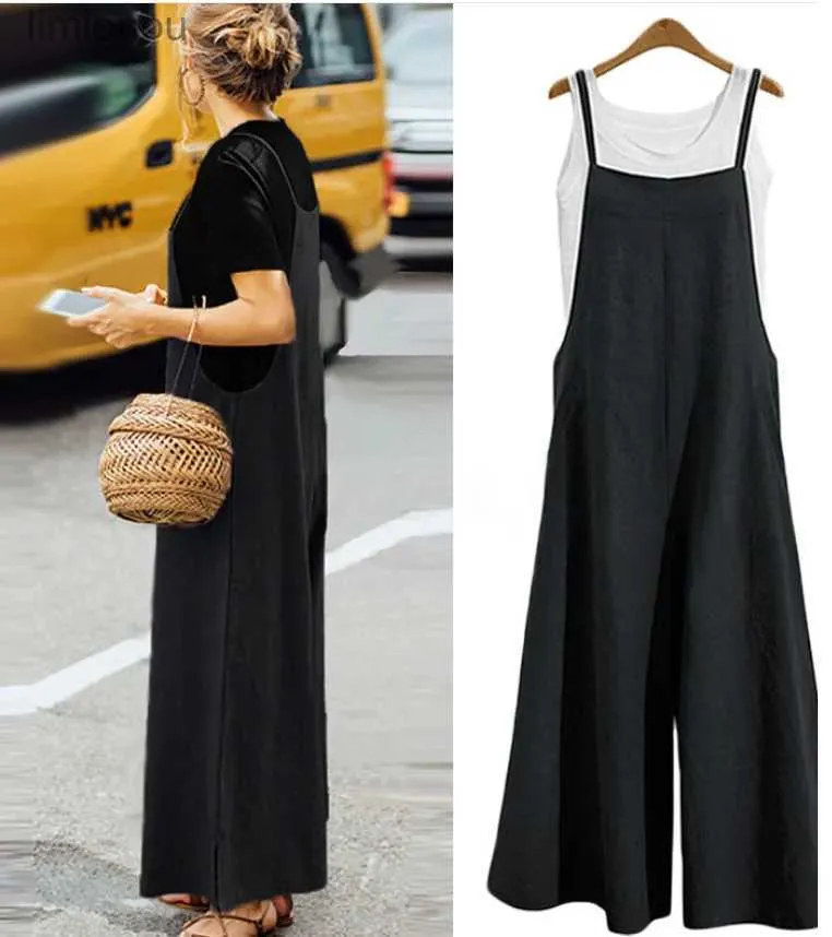 Women's Jumpsuits Rompers Summer Cotton Linen Jumpsuits Woman Casual Loose Straps Wide Leg Pants Fashion Sleeveless Oversized Jumpsuits Plus Size S-5XLL240112