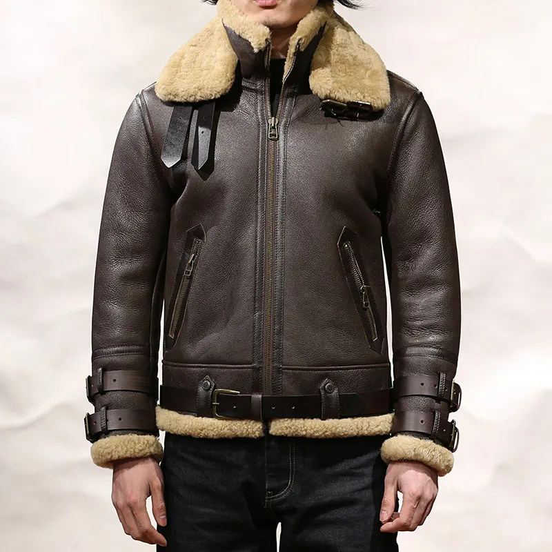 Doppelkragen Schaffell Lederjacke Für Männer Mit Echtem Lammfell