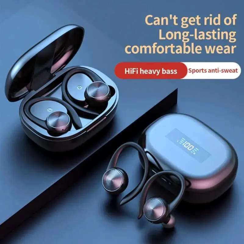 Écouteurs de sport sans fil avec micro, crochets d'oreille étanches IPX5, compatibles Bluetooth, écouteurs HiFi stéréo, musique, pour téléphone