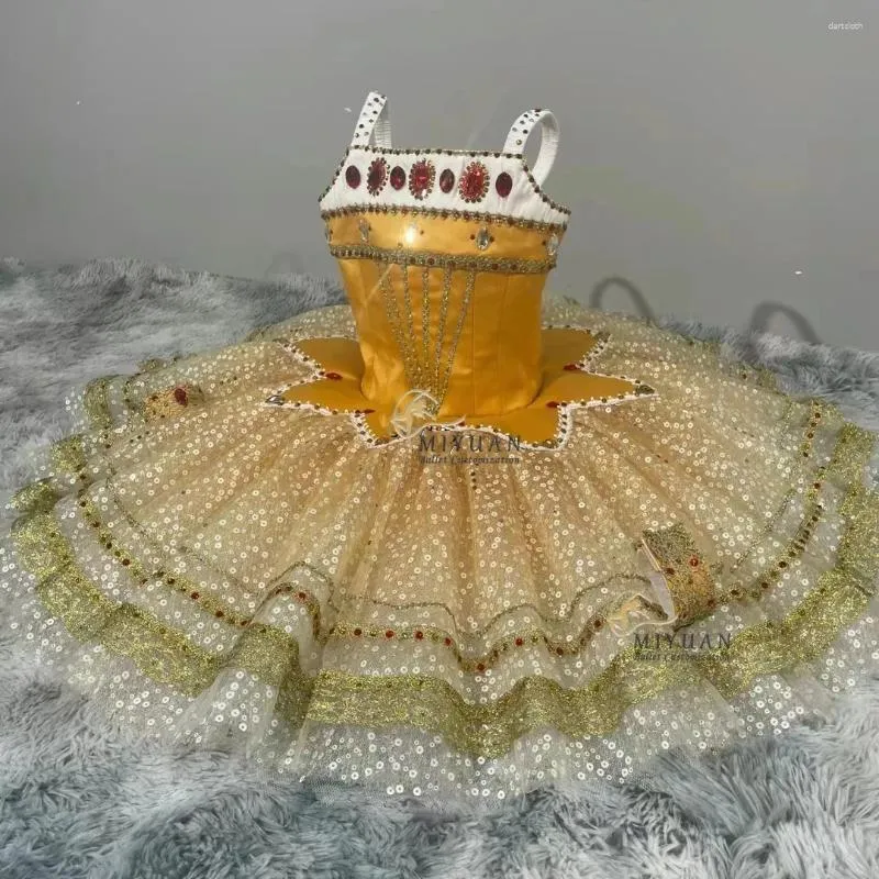 Stage Wear Variations de la fille de Pharaon sur la robe jaune classique de ballet avec un diamant complet Super Flash TUTU à 12 couches pour femmes