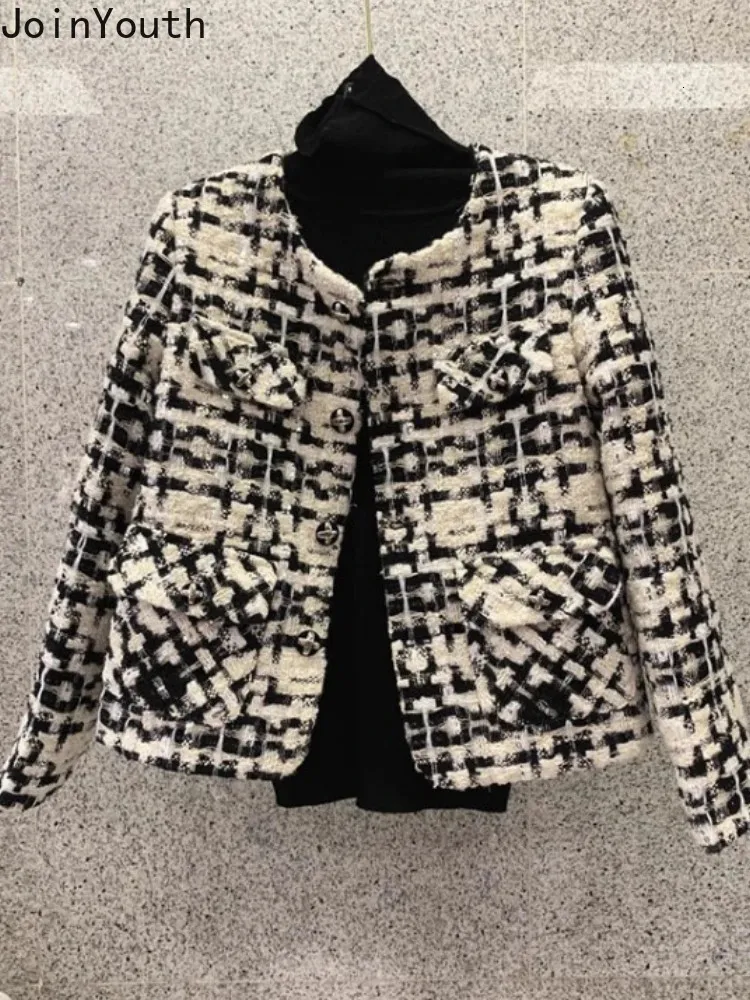 Manteau court en Tweed coréen pour femmes, vêtements d'automne et d'hiver, veste à carreaux, mode élégante, col rond, simple boutonnage, Cardigan hauts 240112