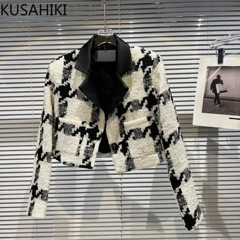 KUSAHIKI Hit Kleur Patchwork Tweed Korte Jas Vrouwen Herfst Winter Dikke Jas Elegante Kraag Koreaanse Uitloper Tops 240112