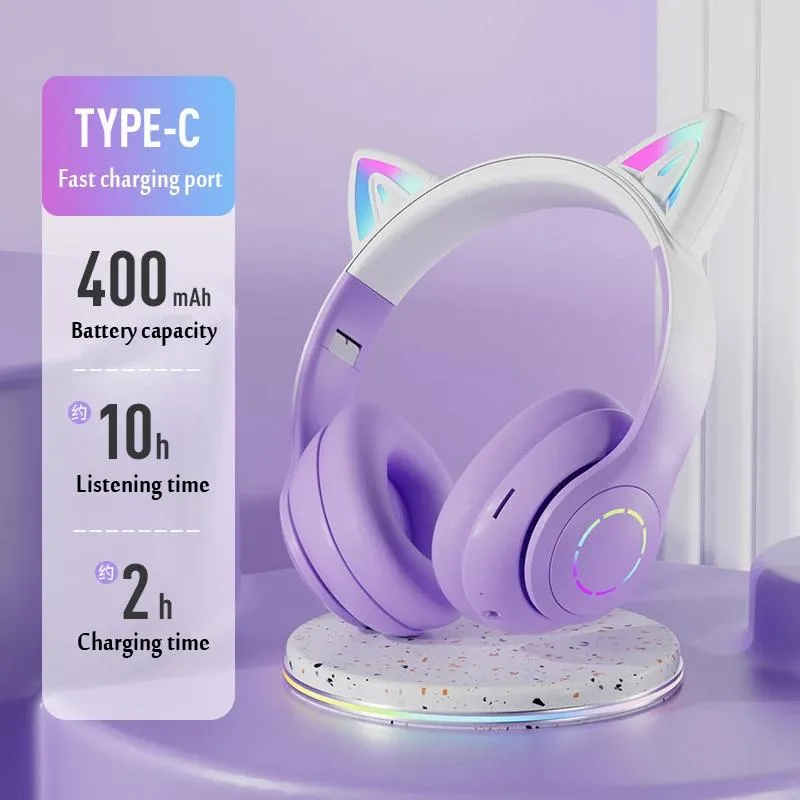 Headphones Cat Ear Headphone Bluetooth Wireless Music Headset Gradient Color LED Light with Mic Gamer Earphone Kids Lovely Christmas Gifts