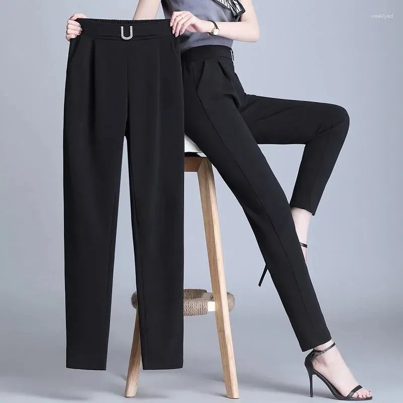 Women's Pants White Women Elastic Waist Straight Fashion Wild Professional Thin Suit Office Ladies Trousers Black Khaki Pant