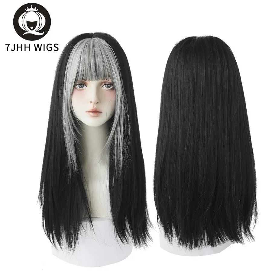 7JHH WIGS Highlighted Grey Black Kinky Straight Synthetic Wigs With Fluffy Bangs For Women Daily Wear Toupee Heat-Resistant Hair 240111