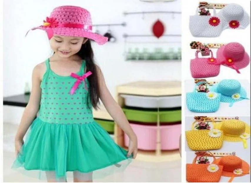 Соломенная пляжная шляпа с цветочным узором для девочек, плетенная сумка-тоут, наборы сумок, детская летняя соломенная шляпа от солнца, детский топик, 9 цветов, смешанные 2265683