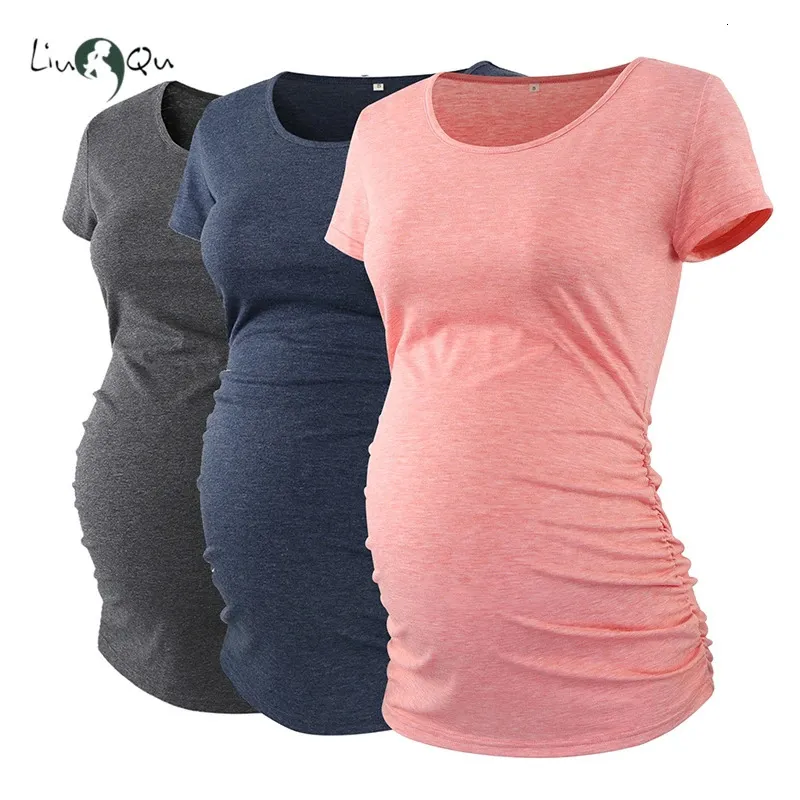 Liu Qu Maternity Clothes Pregnant Top V Neck Side Ruched T Shirts Womens kläder Graviditet Tee Shirt Ropa Mujer SXL 240111