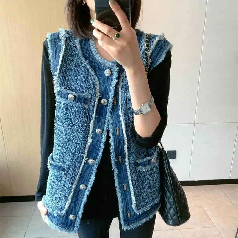 Spring Autumn Korean Women Retro Slim Pockets Plaid Tassel Vest Female Waistcoat Crochet Frayed Denim Vest Single-breasted Tops 240112