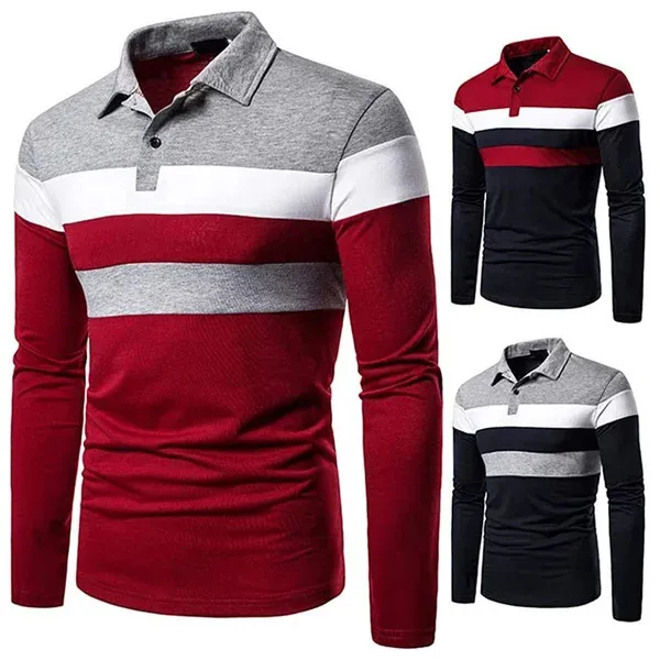 2024Comfortable and breathableMens Long Sleeve Contrasting Colors T-shirt Casual Polo Shirts 240111