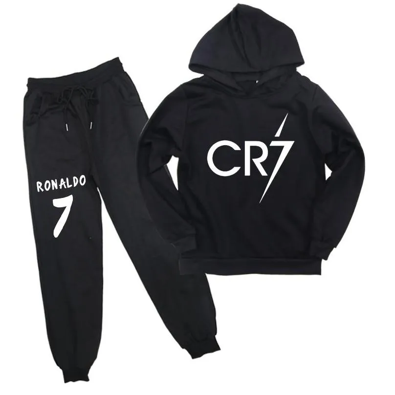 Kläder sätter cr7 ronaldo barn hoodies byxor 2 st/set träning barn unsex casual luminous hooded tröja och harem för 2-14y dh8ek