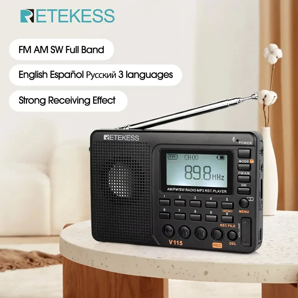 Retekess V115 Radio FM AM SWポータブルラジオ充電式短波バッテリーフルウェーブUSBレコーダースピーカー240111