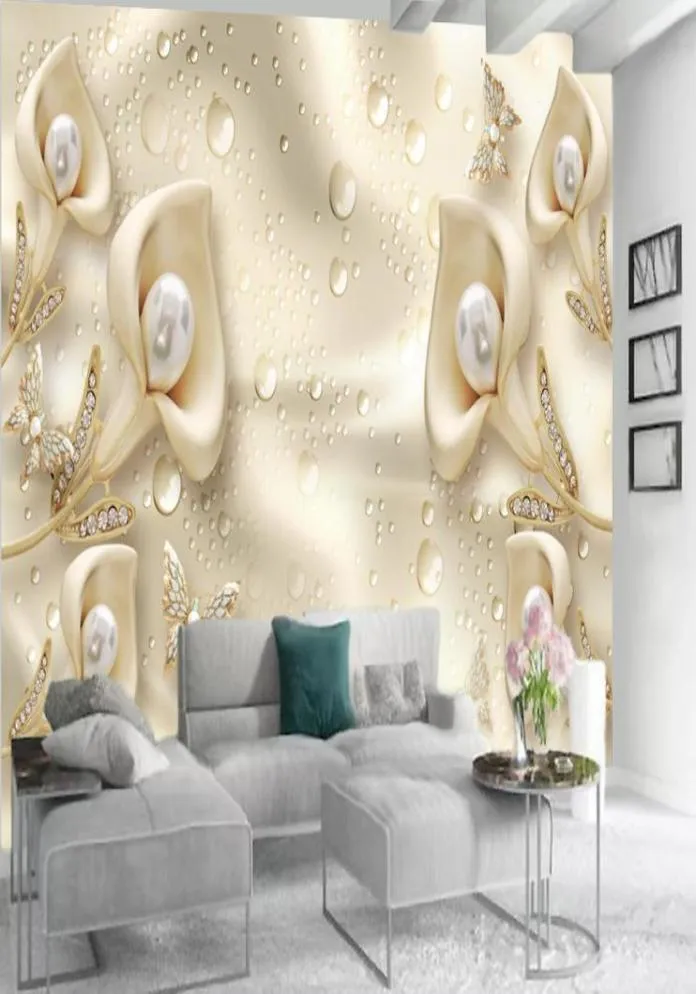 Carta da parati personalizzata 3d Fiore di lusso Gioielli Calla Lily Farfalla Soggiorno Camera da letto TV Sfondo Decorazione murale Adesivo Tela Cu4056673