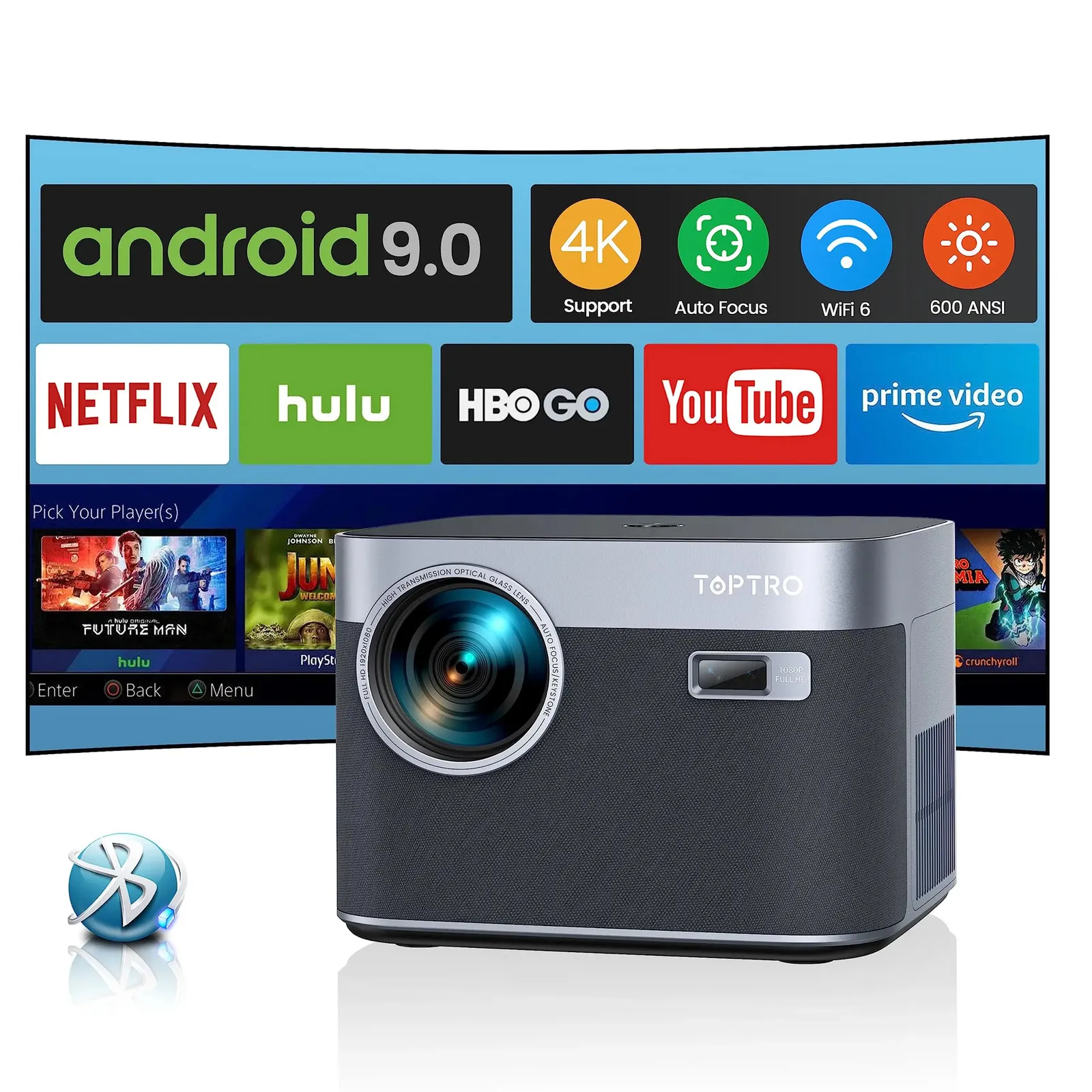 Projecteur TOPTRO X7 4K Android 9.0 16000 Lumens natif 1080P WiFi6 projecteur Bluetooth mise au point automatique/Keystone cinéma maison extérieur 240112