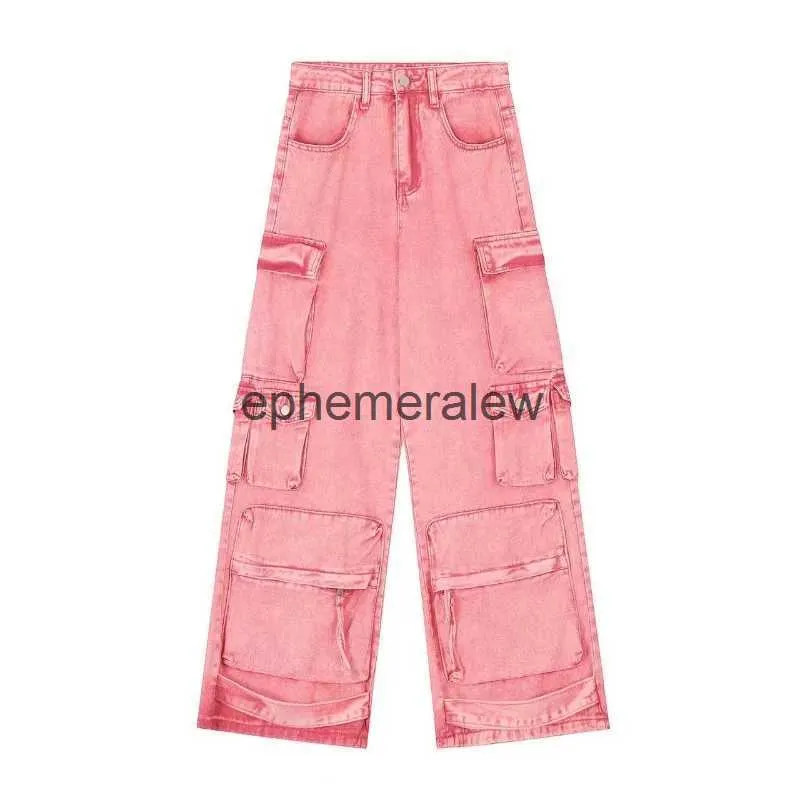 Women's Jeans Pants Capris Pink Multi Pocket Overalls Female Y2K Punk Hip Hop Gothic Loose Fashion 2023 Autumn New American Retro High Street