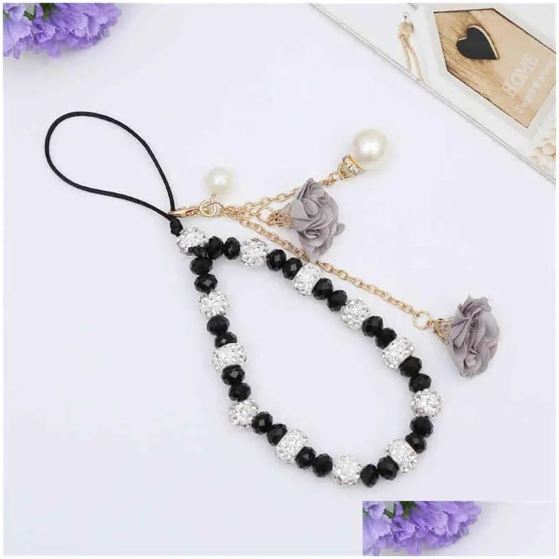 Cell Phone Straps Charms Mobile Lanyard With Flower Pendant Short Hand Strap For Key/Id Card Diamond Crystal Bracelet Anti-Lost Wr Dh6Wq