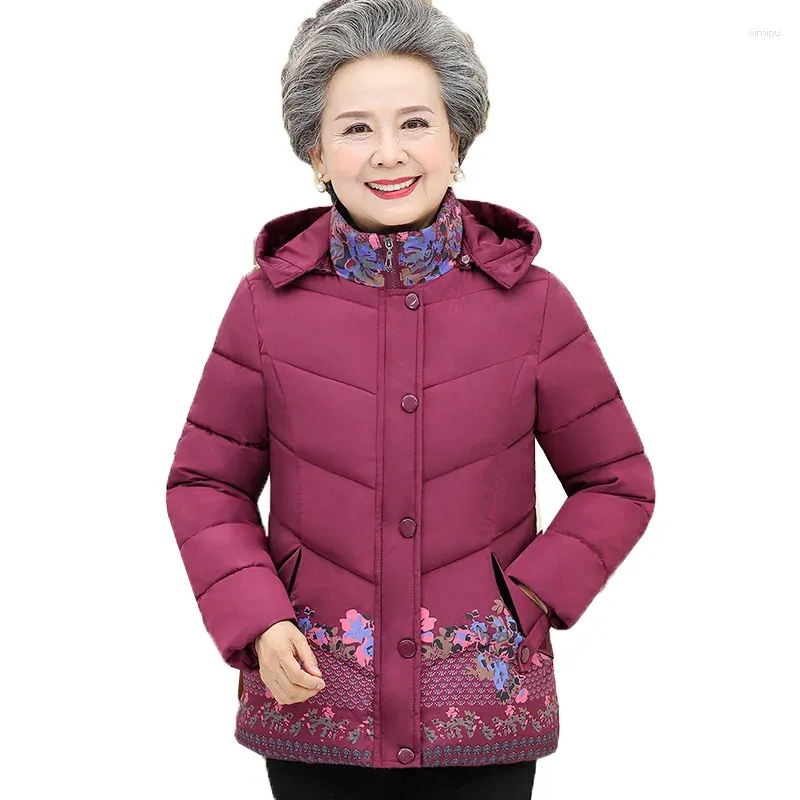 Women's Trench Coats Middle-aged Elderly Cotton Coat 2024 Winter Jackets Short Add Thicken Print Down Overcoat Parka