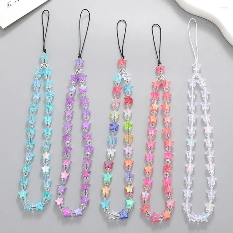 Keychains Coloful Beaded Mobile Phone Chain Love Star Hanging Keychain Acrylic Card Cute Korea Bag Pendant Anti-Lost Gift