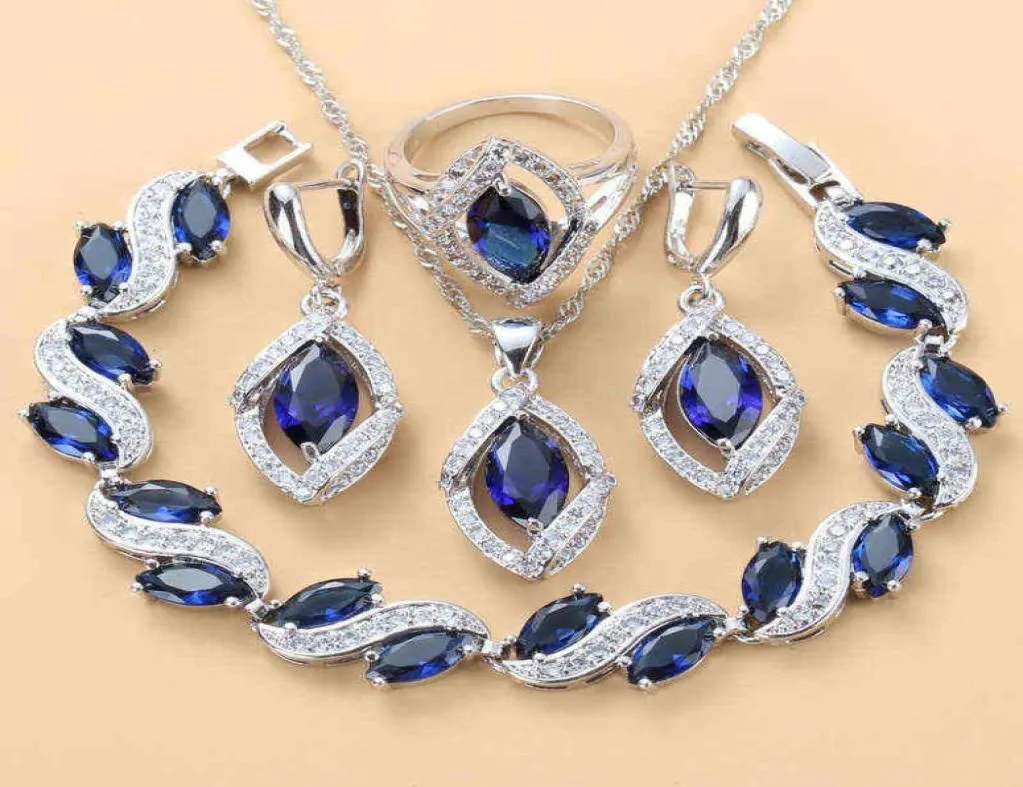 925 Sterling Silber Hochzeitszubehör Brautschmuck-Sets mit Naturstein CZ Blau Armband und Ring-Sets 2201134779125