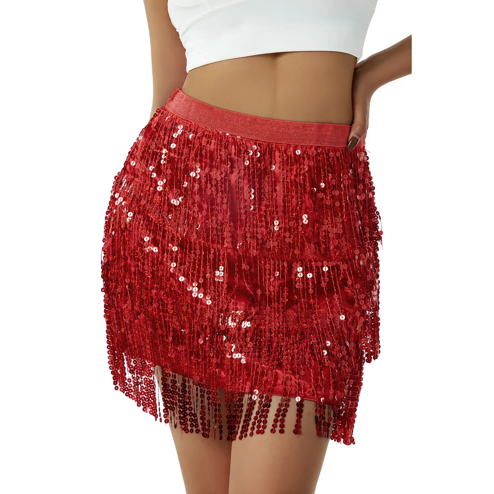 Mulheres lantejoulas franja saia brilhos cintura elástica mini saia para dança rave festa preto/prata/ouro/vermelho 240112
