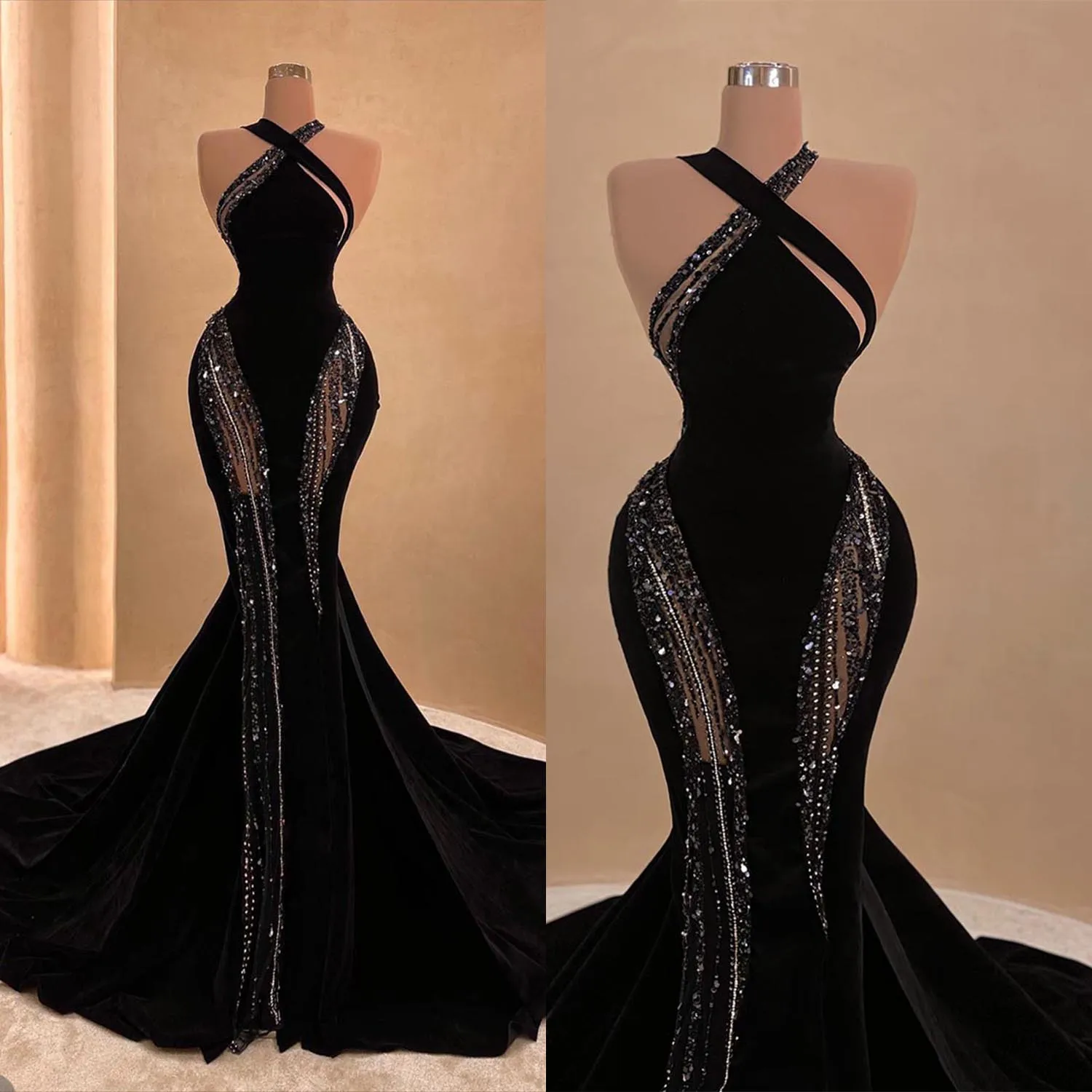 Robes de bal sirène simples licou sexy sans manches en dentelle pailletée robe d'occasion formelle Aso Ebi robes de soirée