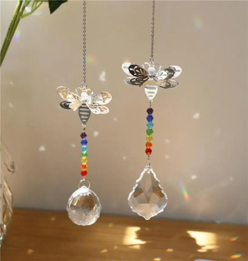 Décorations de jardin Métal Bee Crystal Suncatcher Pendentif Perles colorées Suspendues Goutte pour fenêtre intérieure extérieure Lustre de mariage D2514803