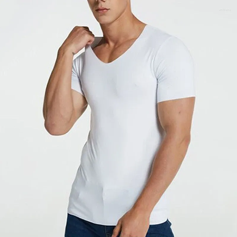 T-shirts pour hommes T-shirts d'été pour hommes T-shirts décontractés en soie glacée à séchage rapide Sexy mince sans couture hauts couleur unie élastique t-shirt chemise de fond