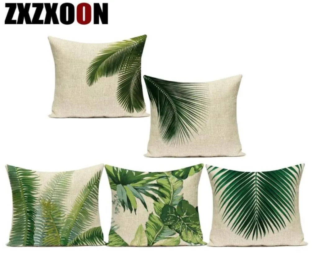 Almofada decorativa de algodão linho almofadas decorativas Monstera Palm Leaf Tropical Green Plant Capa de almofada para sofá Liv5750658