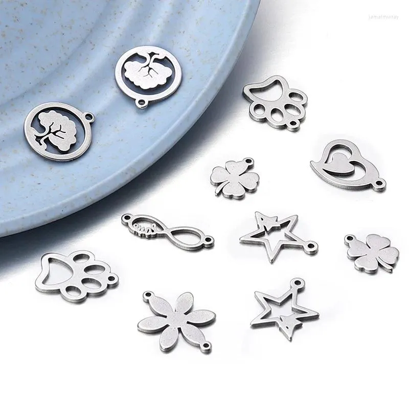 Charms SAUVOO 10pcs Stainless Steel Pendents Star Flower Tree Heart Shape Color Hollow Charm For Necklace Bracelet Jewelry Making