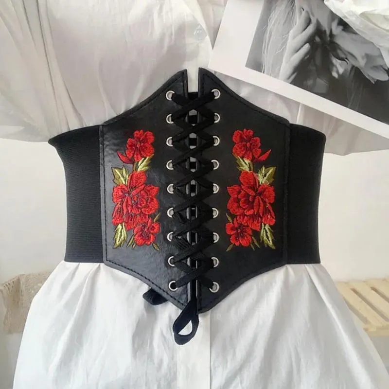 Belts Women Corset Waist Belt Embroidery Rose Flowers Adjustable Stretch Rope Faux Leather Elastic Lace Up Accessories