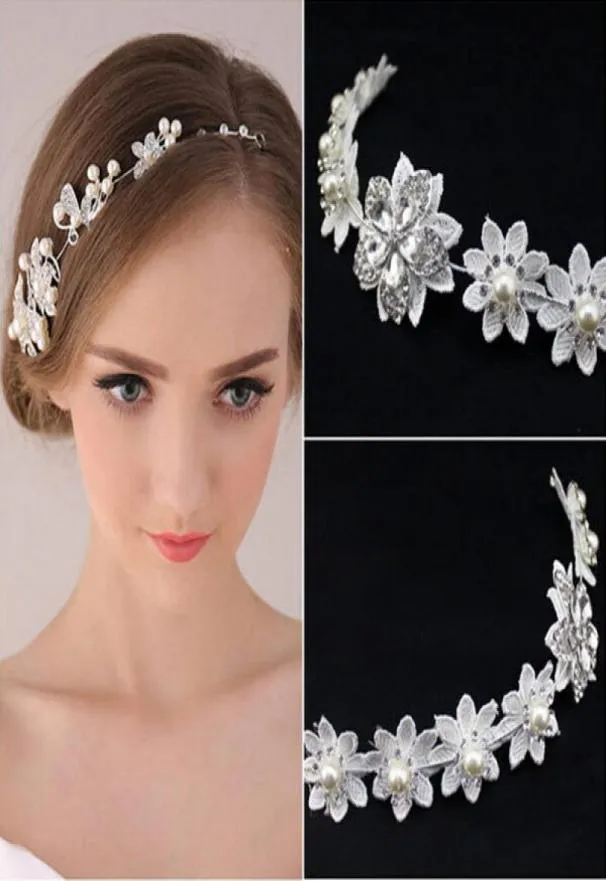 Barato Moda Crystal Pearl Flower Party Accesorios para el cabello de boda Diadema nupcial Tiara Headwear Perlas de plata Corona nupcial Headba6734342