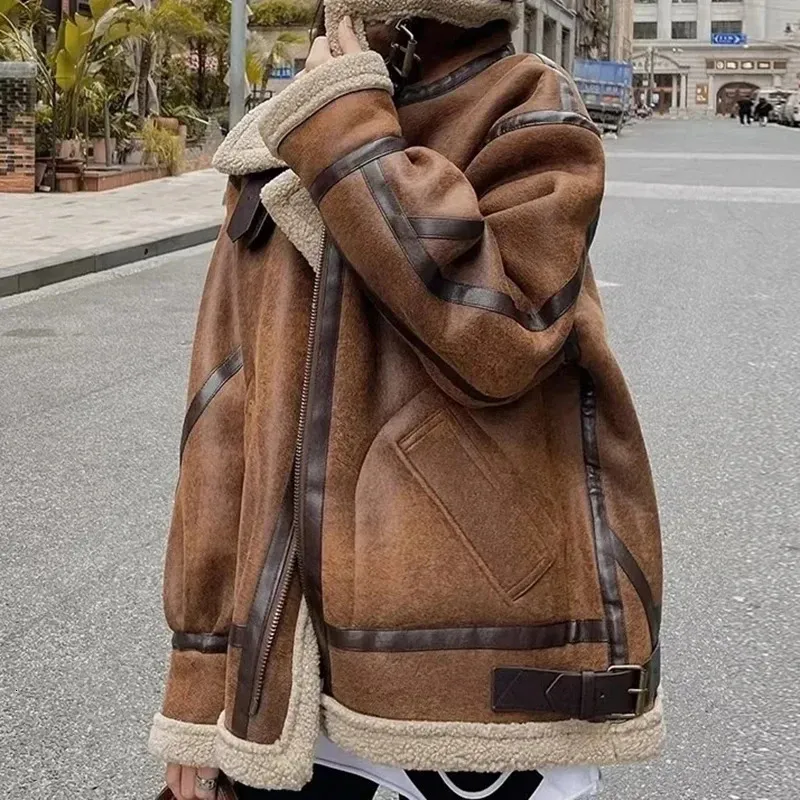 Winter Sheepskin Coat Faux Fur Suede Leather Women Warm Lamb Shearling Jacket Zipper Moto Biker Long Sleeve Short Casual Outwear 240111