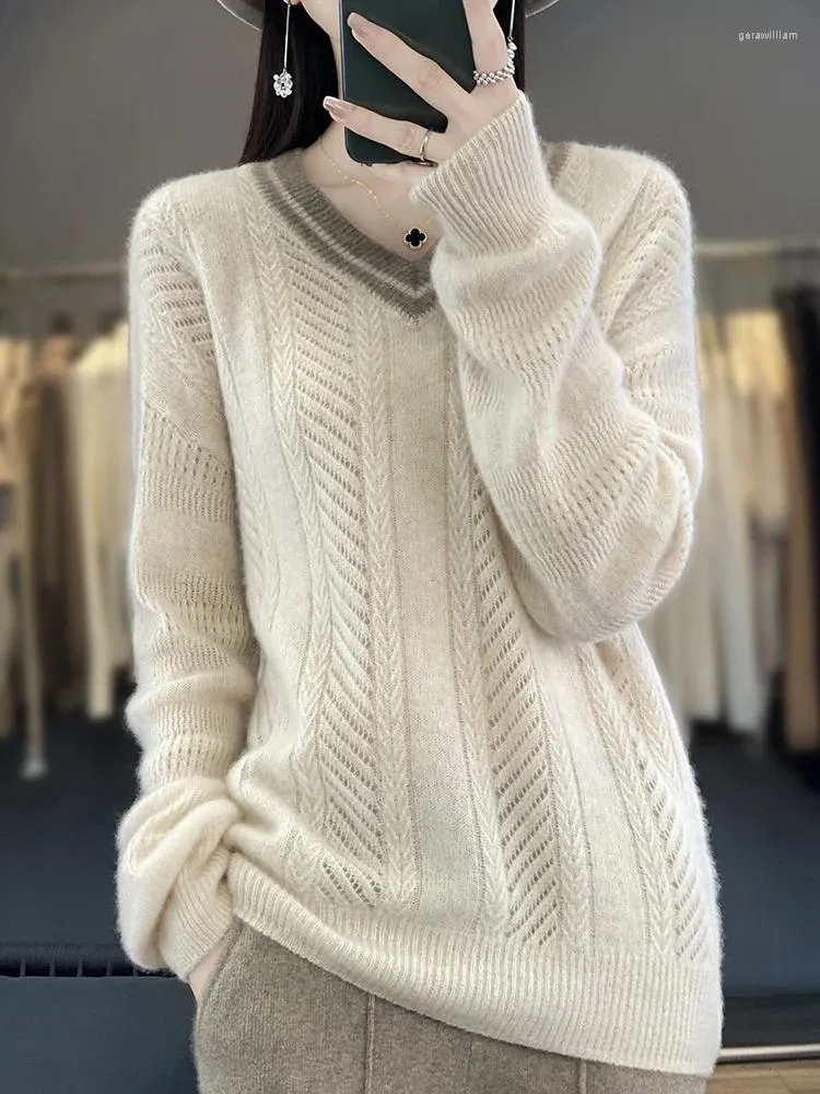 Women's Sweaters V-Neck Pullovers Long Sleeve Top Knit Wear Luxury Wool Warm Jumper Jacquard Weave Soft CoatAutumn Winter Fashion Sweater