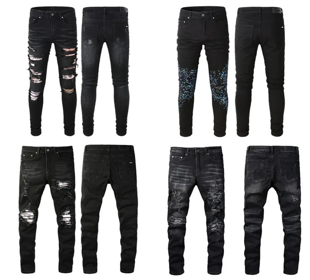 Preto rasgado designer jeans magros homens caber angustiado rasgado para homem rasgado calças danificadas retalhos longo zíper angústia destruído den9558784