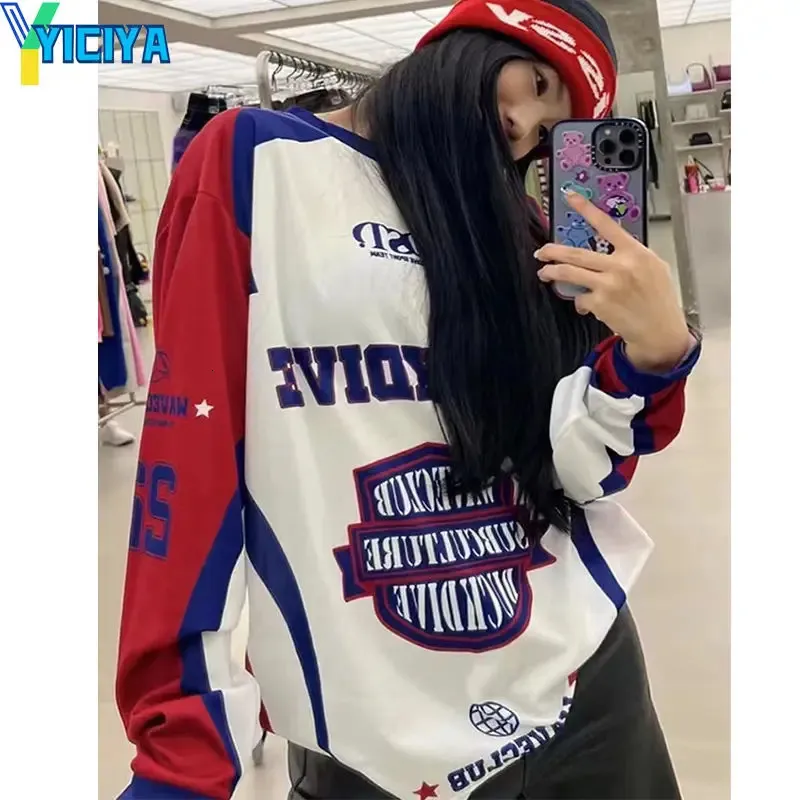 YICIYA T-shirt y2k Top femmes lettre de course t-shirts surdimensionnés crop top chemisiers de mode coréenne t-shirt t-shirts vêtements t-shirt 240111