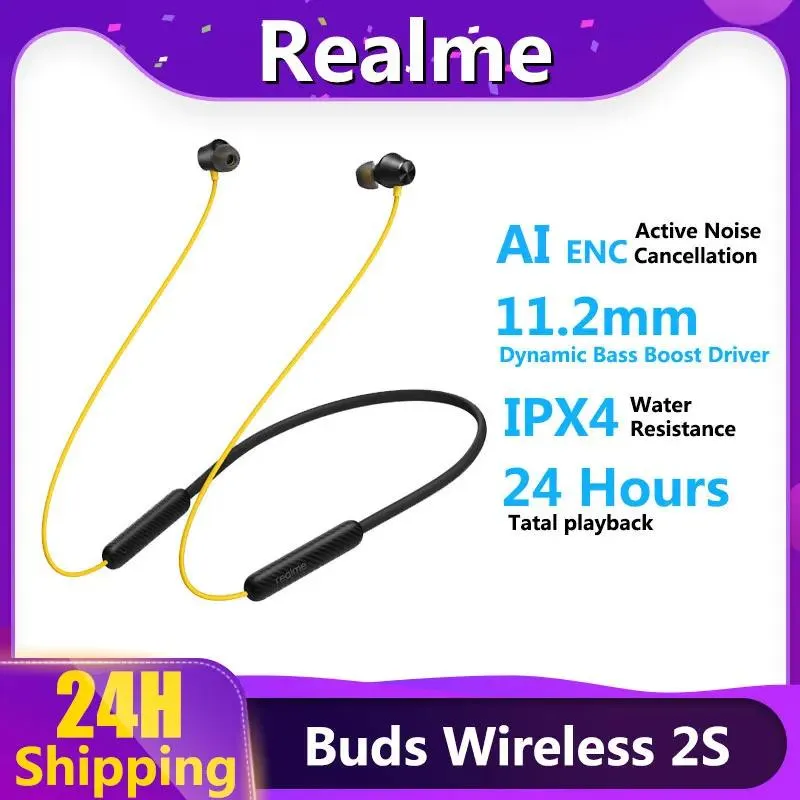 Cuffie Realme Buds Wireless 2S Auricolare wireless Bluetooth 5.3 AI ENC Cancellazione del rumore Durata della batteria 24 ore Cuffie per realme 10 Pro