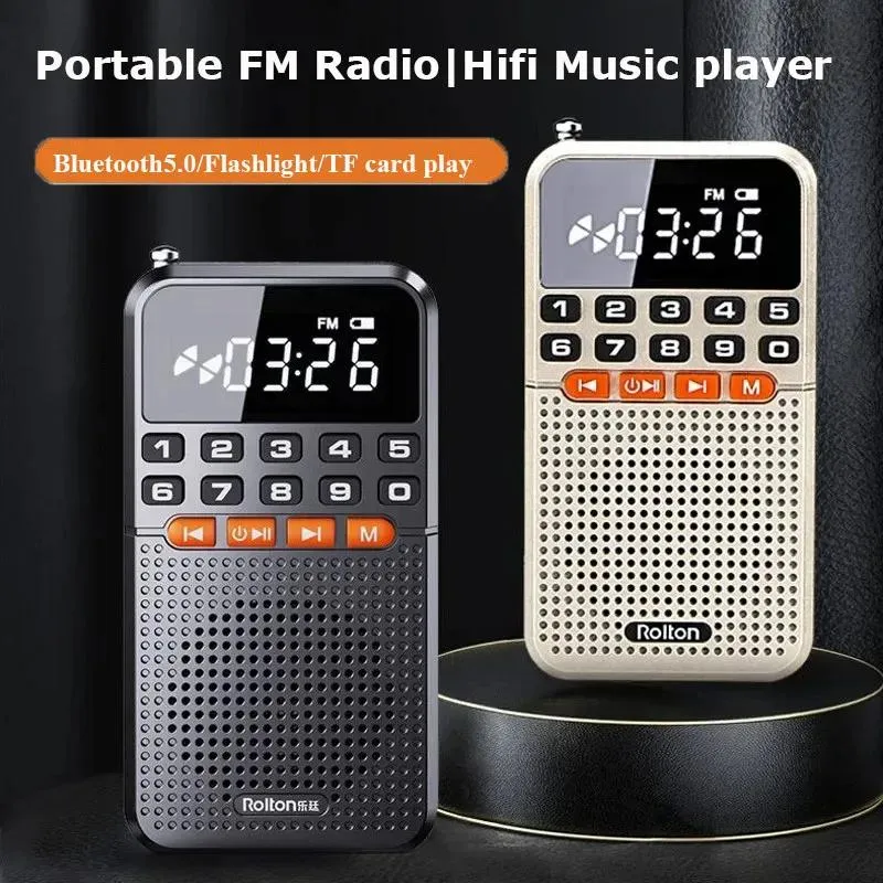 Radio Mini Bluetooth -högtalare TF -kortmusikspelare Portable Pocket Radio Dual Antenna Radiomottagare med LED -ficklampa