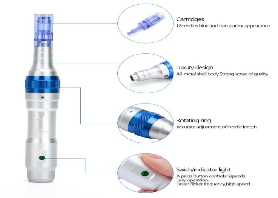 무선 Derma Pen 강력한 충전식 Ultima A6 Microneedle Dermapen Dermastamp Meso 12 바늘 Drpen 교체 가능한 카트리지 Ski98277977