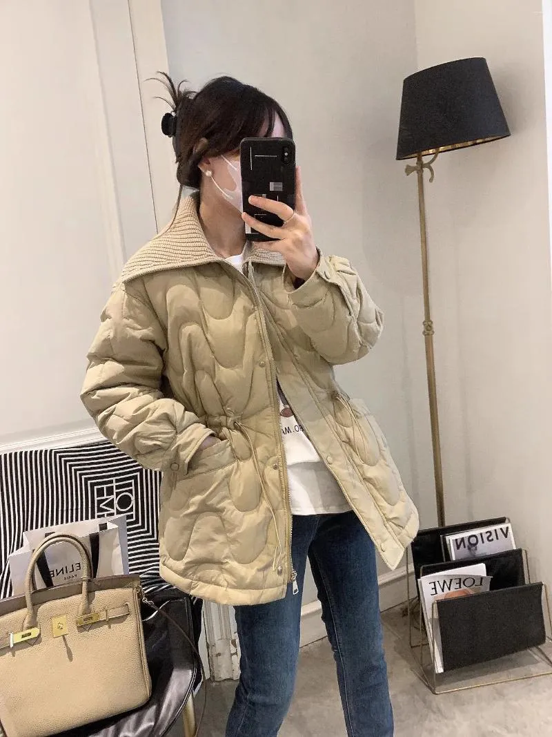 Kvinnors dike rockar koreanska down kappa vinter bomullsjackor mode justerbar dragkammare midja parkor stickade stora lapel elegant outwear