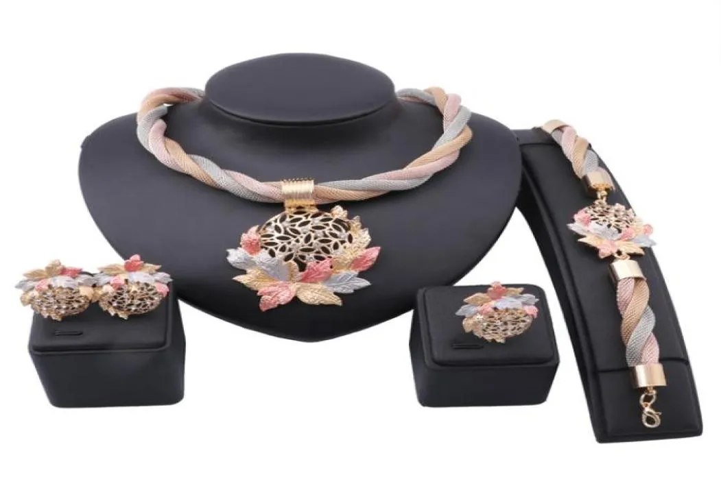 African Dubai Gold Color Leaves Crystal Necklace Earrings Ring Bracelet Jewelry Sets For Women Bridal Party Set5963127