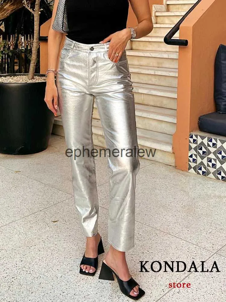 Damesbroeken Capri KONDALA Street chic Zilver PU Dames Hoge taille Zakken Rechte broek Mode 2023 Y2K Meisje Glanzend Vrouwelijk