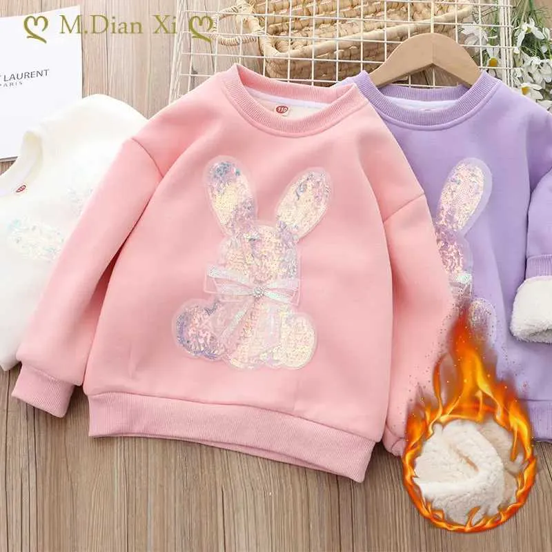 Pullover 2023 Inverno Nuovi vestiti per bambini Agnello Cashmere Ragazza Plus Maglione di velluto Paillettes Bunny Bunar Camicia Abbigliamento per bambini Baby TopsL2401